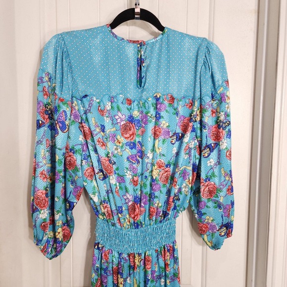 Diane Freis Womens Dress Jacket Set Vtg Georgette Blue Polka Dot Floral Maxi 6 - Picture 15 of 16